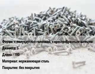 Шуруп с полукруглой головкой, с крестообразным шлицем 5х100 нержавеющая сталь без покрытия
